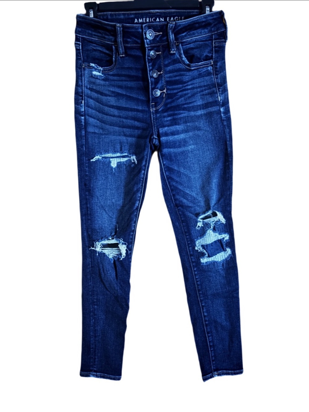 American Eagle Outfitters Dark Blue Distressed High-Rise Skinny Jeans